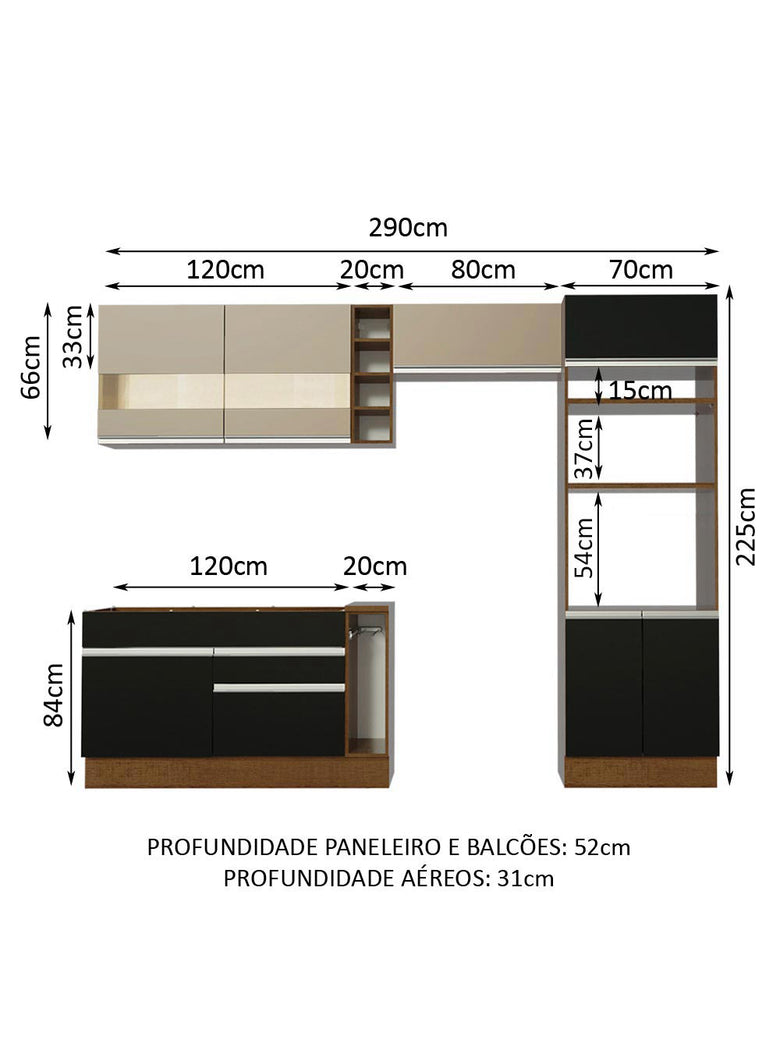 Armário de Cozinha Completa 290cm Rustic/Preto/Crema Cristal Madesa 09