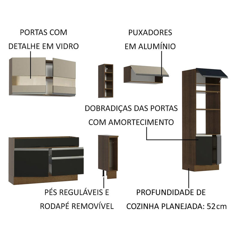Armário de Cozinha Completa 290cm Rustic/Preto/Crema Cristal Madesa 09