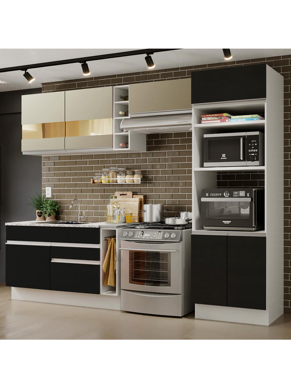 Armário de Cozinha Completa 290cm Branco/Preto/Crema Cristal Madesa 09 - Branco/Preto/Crema