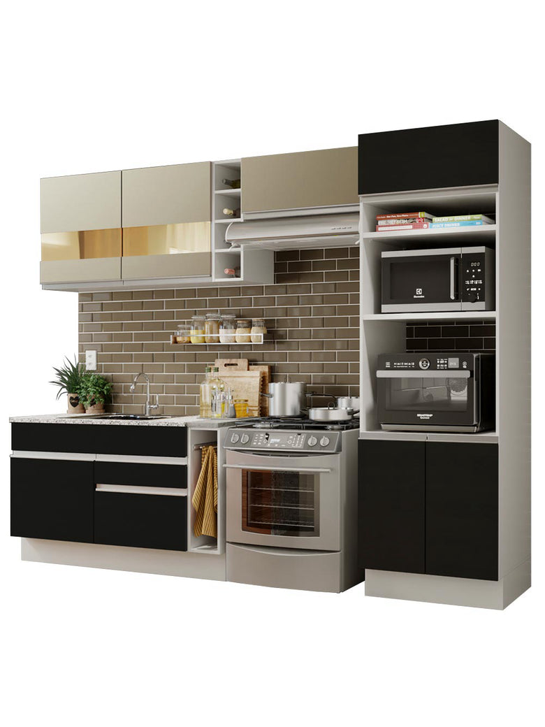 Armário de Cozinha Completa 290cm Branco/Preto/Crema Cristal Madesa 09