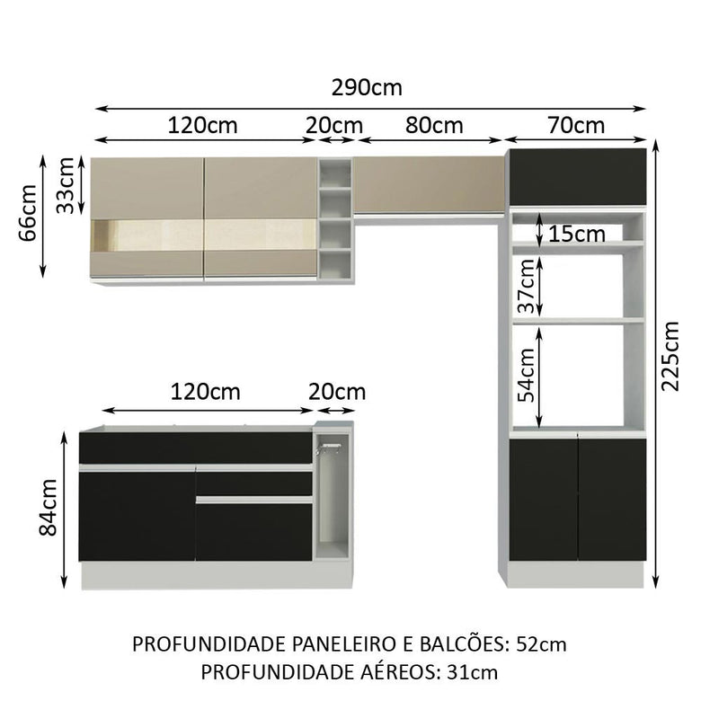 Armário de Cozinha Completa 290cm Branco/Preto/Crema Cristal Madesa 09