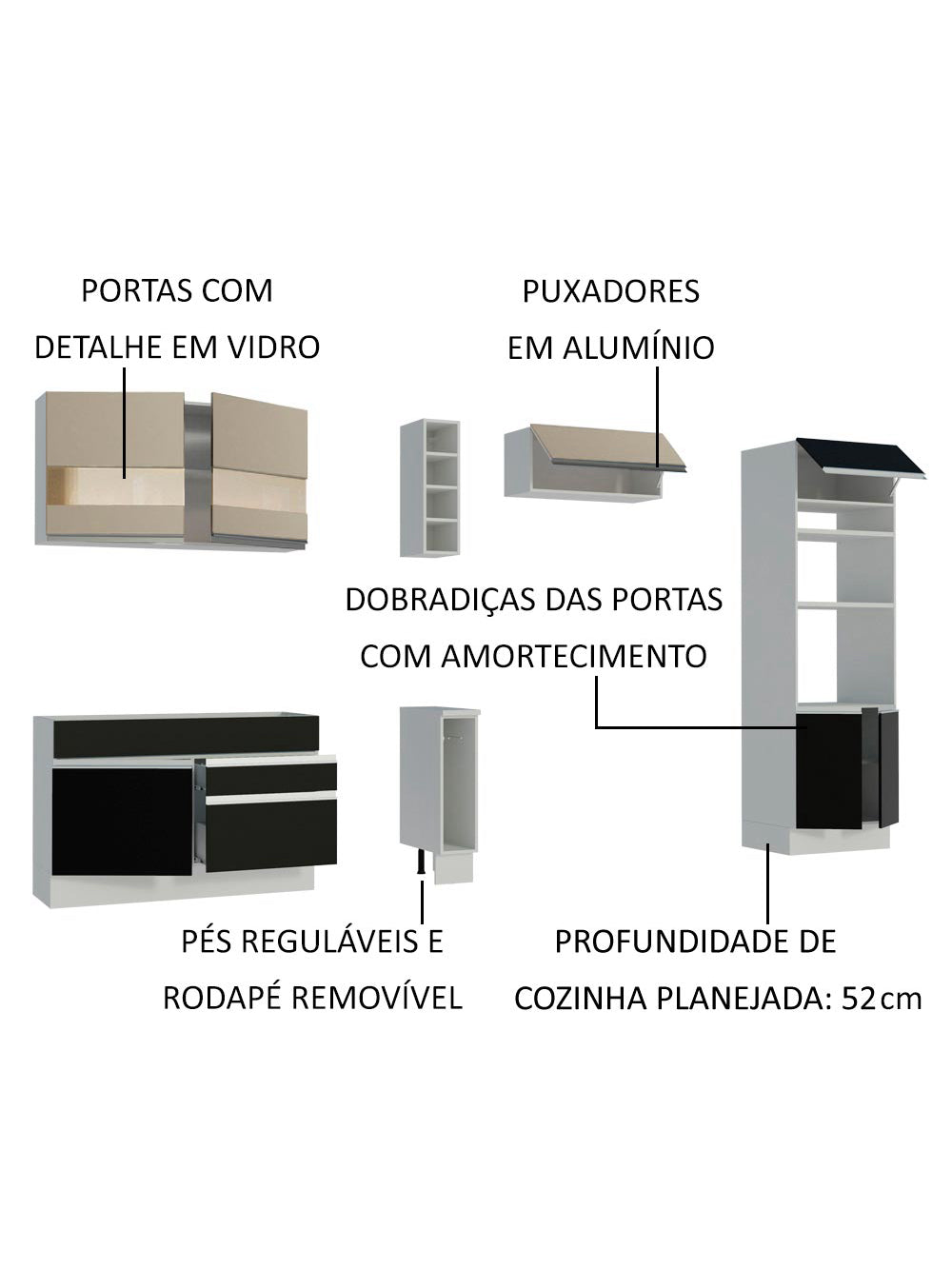 Armário de Cozinha Completa 290cm Branco/Preto/Crema Cristal Madesa 09