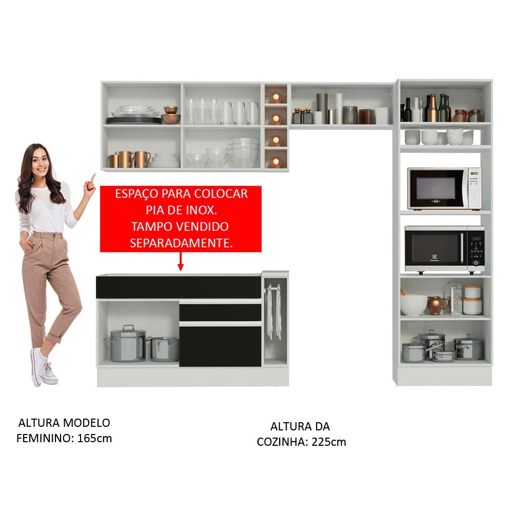 Armário de Cozinha Completa 290cm Branco/Preto/Crema Cristal Madesa 09