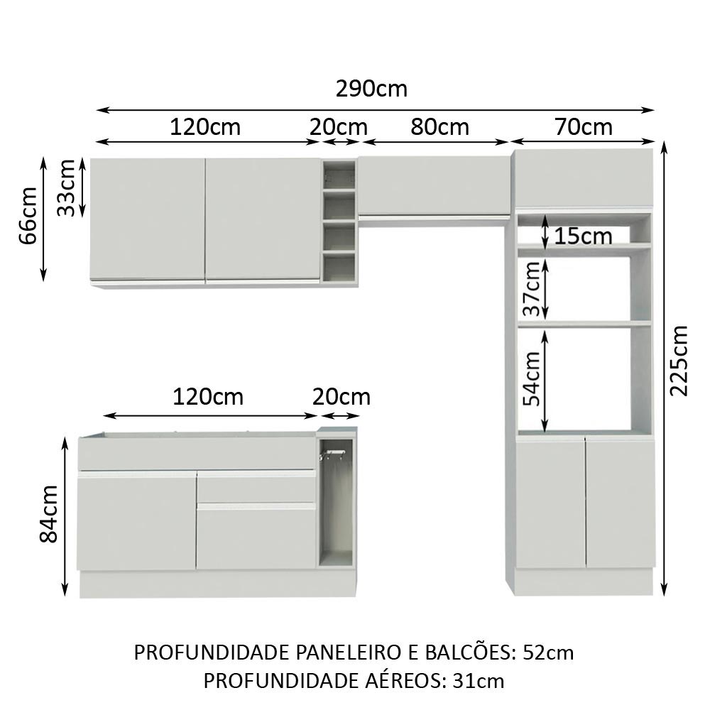 Armário de Cozinha Completa 290cm Branco Cristal Madesa 09
