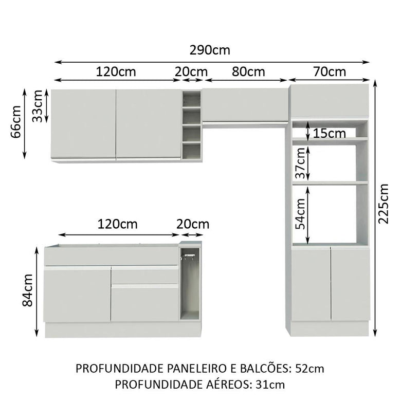 Armário de Cozinha Completa 290cm Branco Cristal Madesa 09
