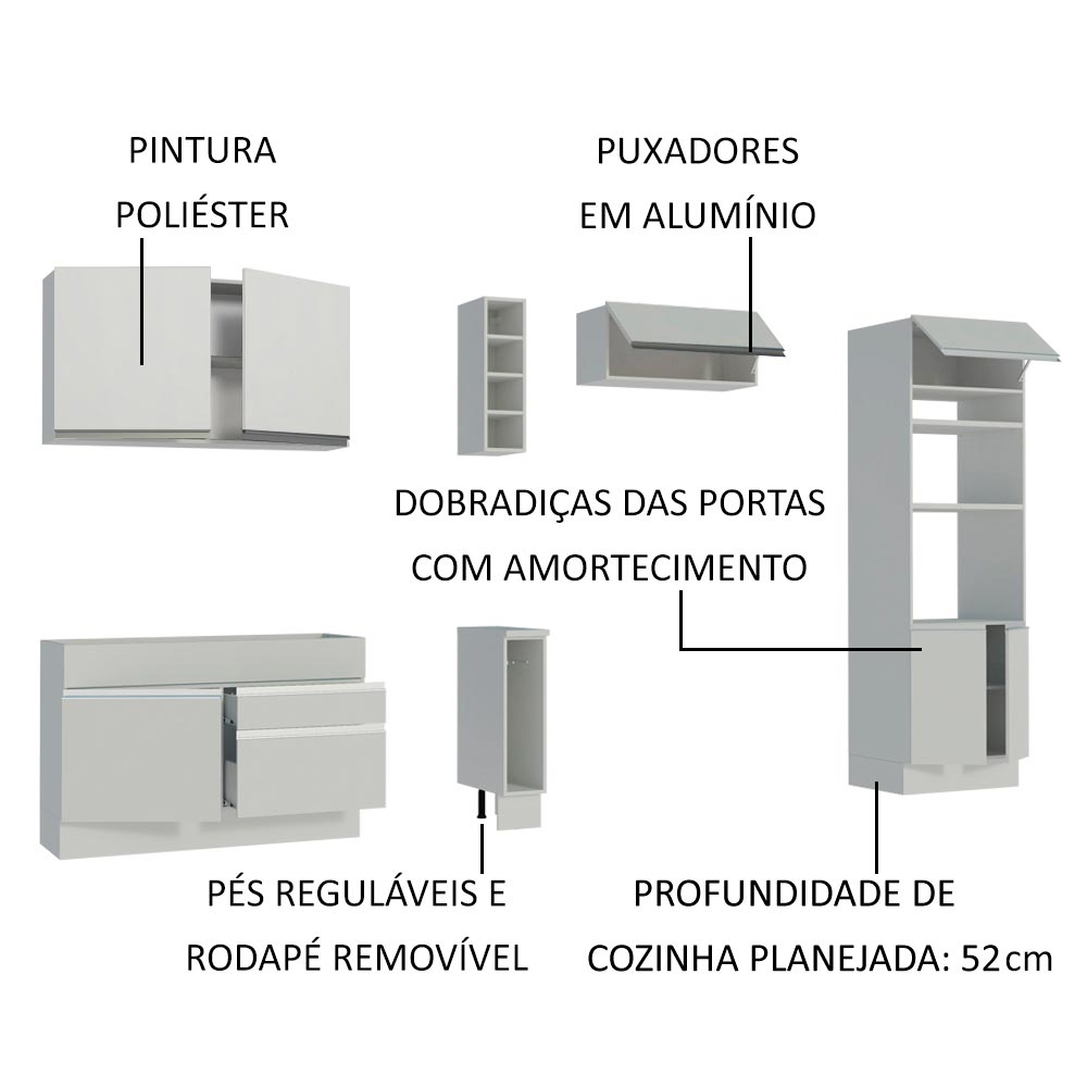 Armário de Cozinha Completa 290cm Branco Cristal Madesa 09