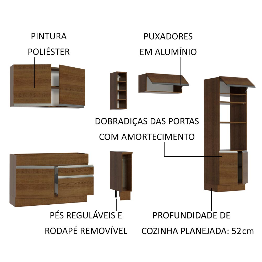 Armário de Cozinha Completa 290cm Rustic Cristal Madesa 09
