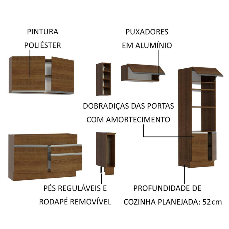 Armário de Cozinha Completa 290cm Rustic Cristal Madesa 09