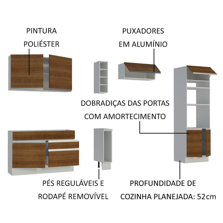Armário de Cozinha Completa 290cm Branco/Rustic Cristal Madesa 09