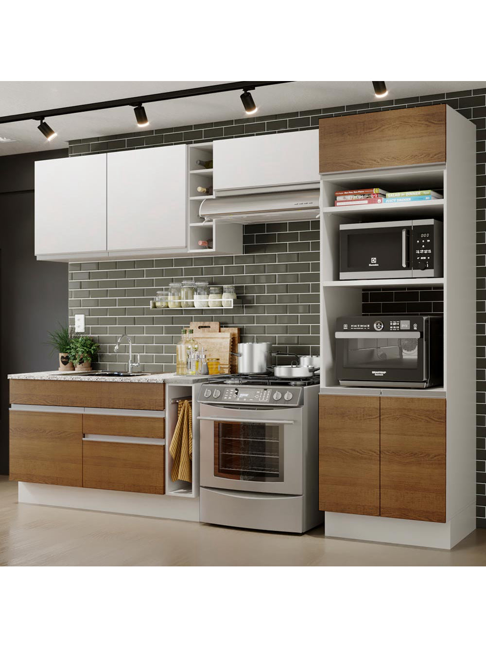 Armário de Cozinha Completa 290cm Branco/Rustic/Branco Cristal Madesa 09 - Branco/Rustic/Branco