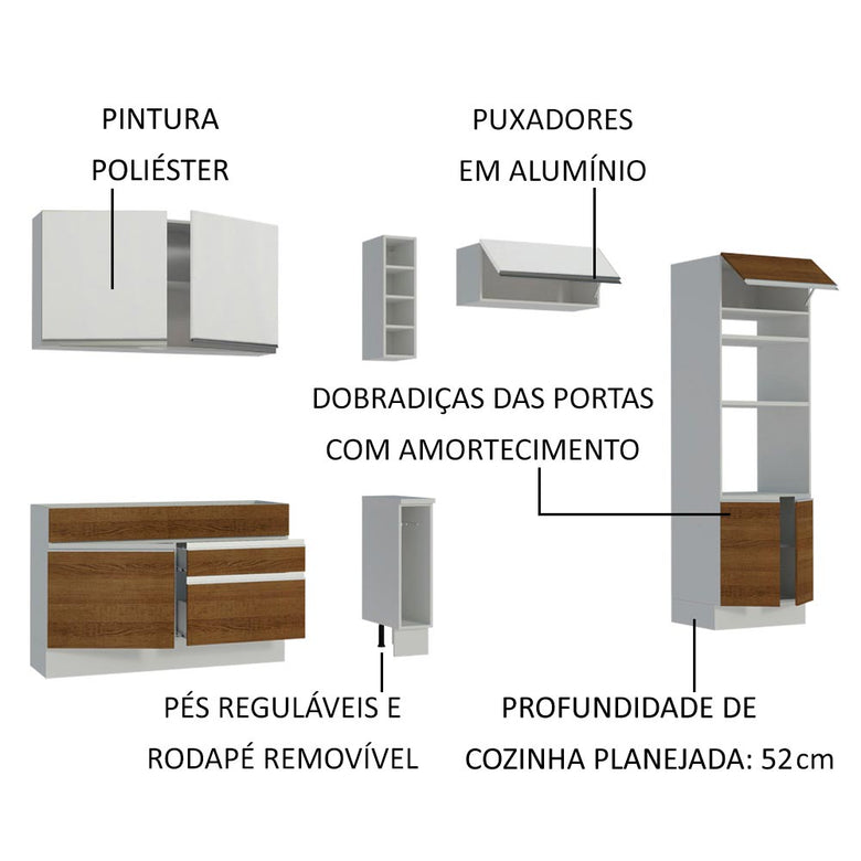 Armário de Cozinha Completa 290cm Branco/Rustic/Branco Cristal Madesa 09