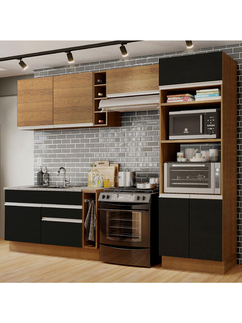 Armário de Cozinha Completa 290cm Rustic/Preto/Rustic Cristal Madesa 09