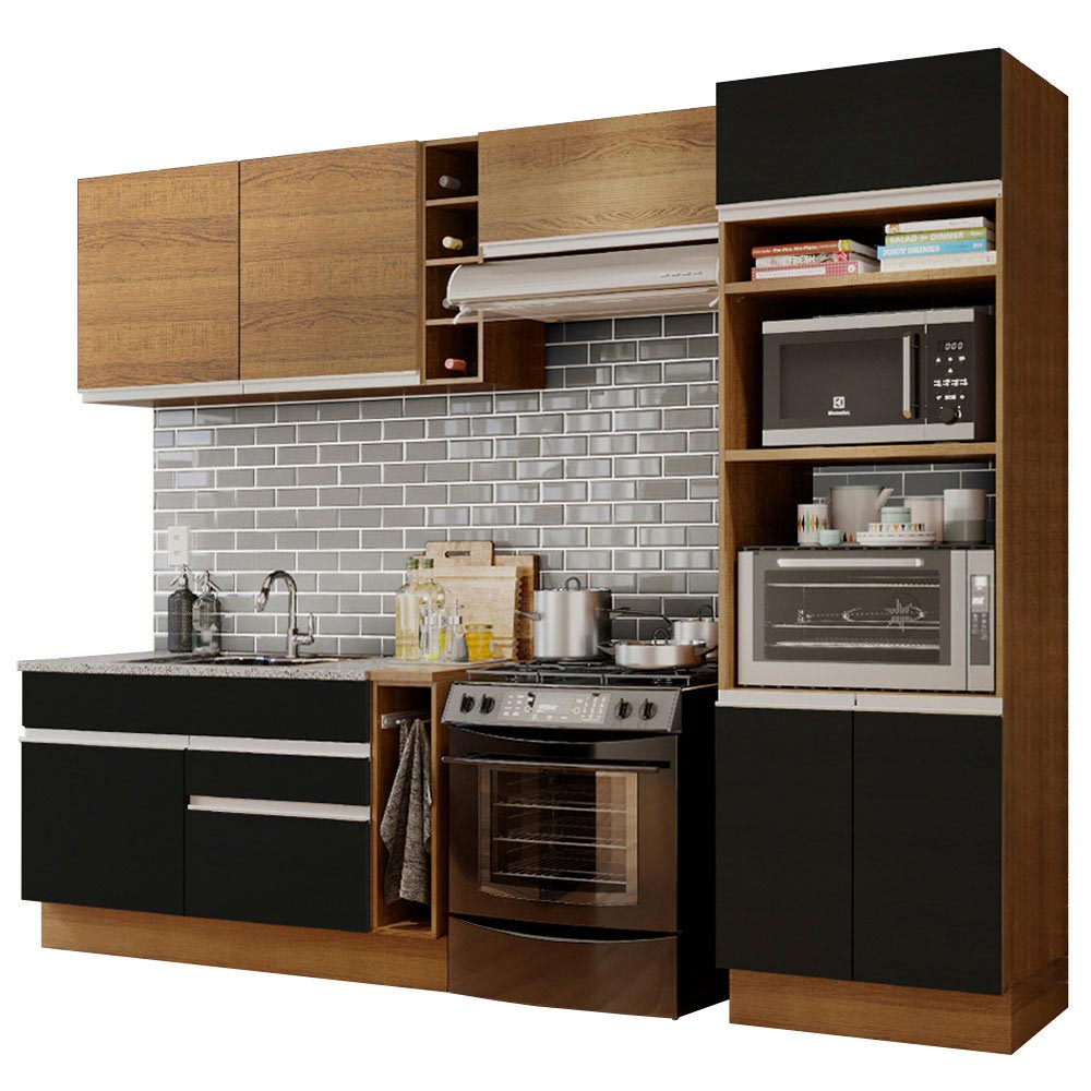 Armário de Cozinha Completa 290cm Rustic/Preto/Rustic Cristal Madesa 09 - Rustic/Preto/Rustic