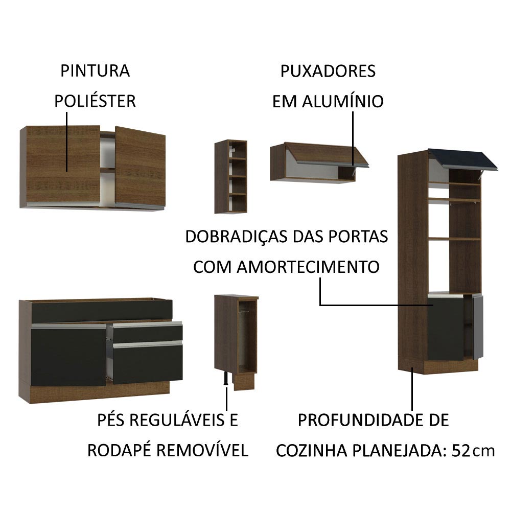 Armário de Cozinha Completa 290cm Rustic/Preto/Rustic Cristal Madesa 09