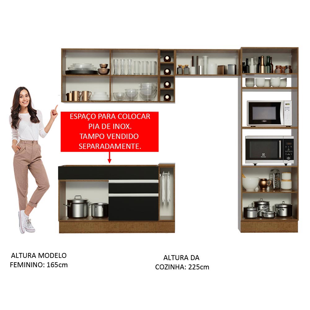 Armário de Cozinha Completa 290cm Rustic/Preto/Rustic Cristal Madesa 09