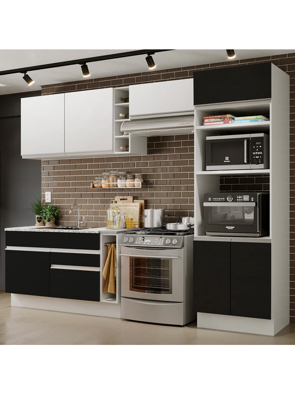 Armário de Cozinha Completa 290cm Branco/Preto/Branco Cristal Madesa 09 - Branco/Preto/Branco