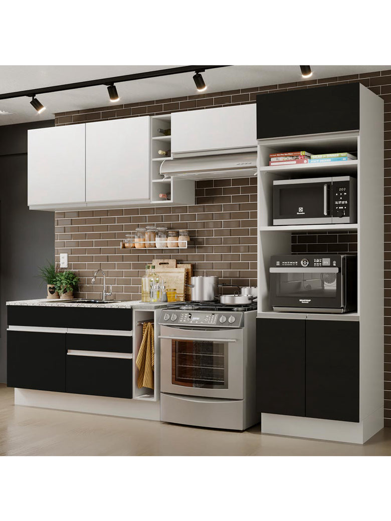 Armário de Cozinha Completa 290cm Branco/Preto/Branco Cristal Madesa 09