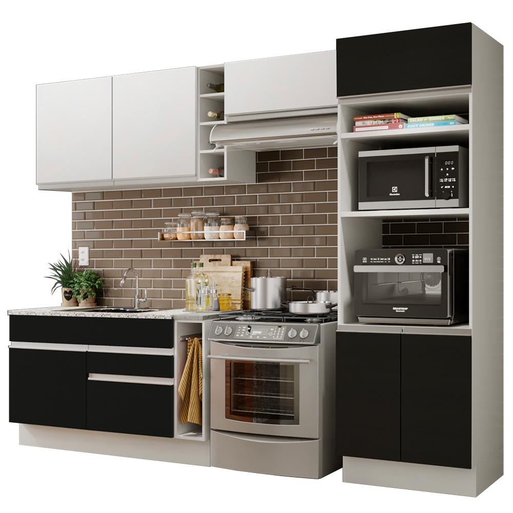 Armário de Cozinha Completa 290cm Branco/Preto/Branco Cristal Madesa 09 - Branco/Preto/Branco