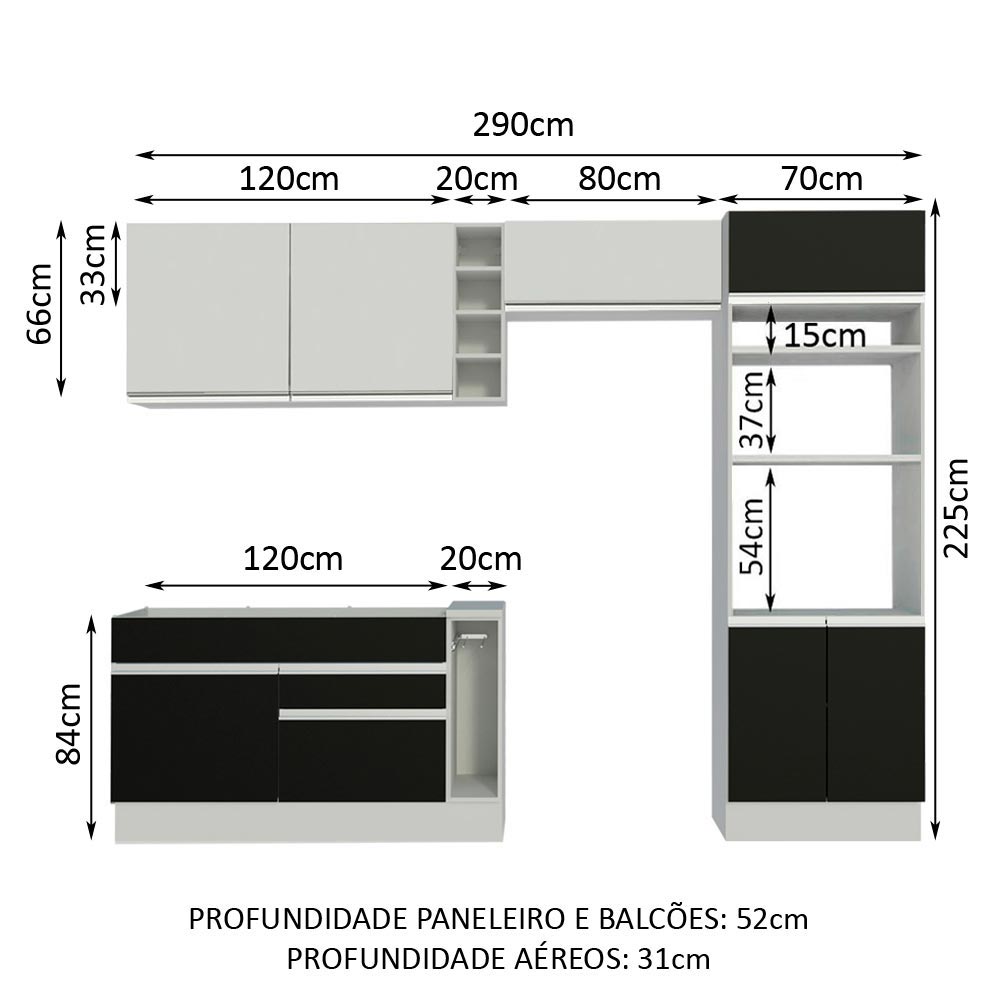 Armário de Cozinha Completa 290cm Branco/Preto/Branco Cristal Madesa 09