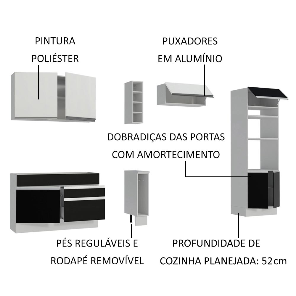 Armário de Cozinha Completa 290cm Branco/Preto/Branco Cristal Madesa 09