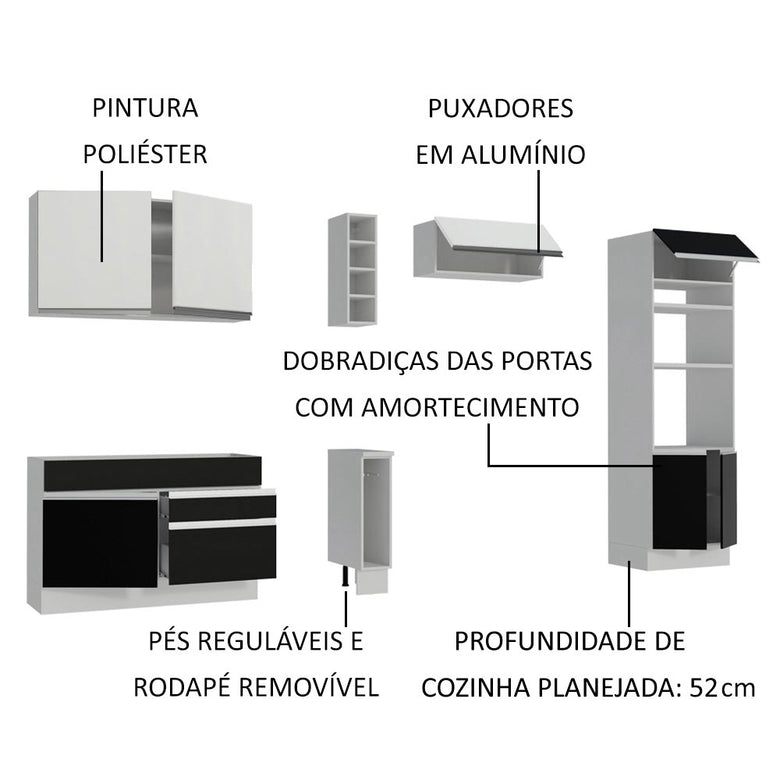 Armário de Cozinha Completa 290cm Branco/Preto/Branco Cristal Madesa 09