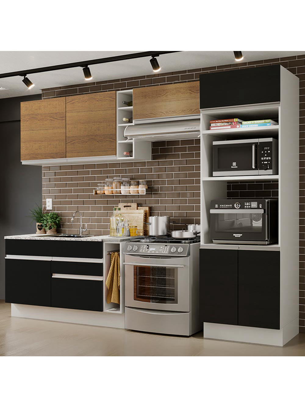 Armário de Cozinha Completa 290cm Branco/Preto/Rustic Cristal Madesa 09 - Branco/Preto/Rustic