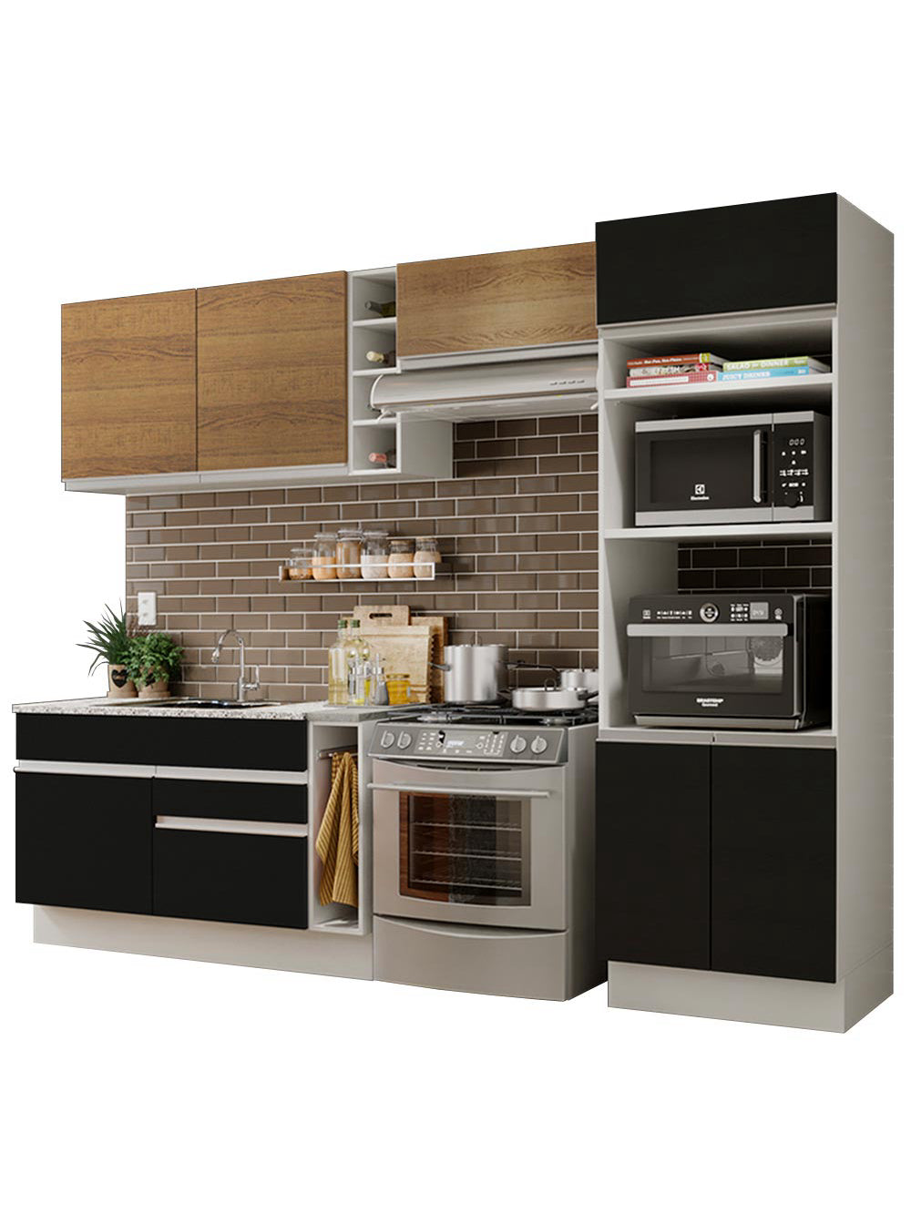 Armário de Cozinha Completa 290cm Branco/Preto/Rustic Cristal Madesa 09 - Branco/Preto/Rustic