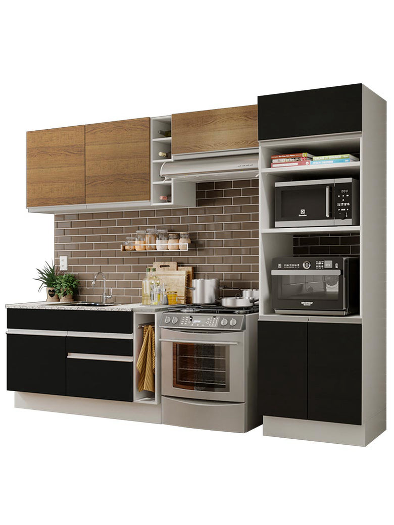 Armário de Cozinha Completa 290cm Branco/Preto/Rustic Cristal Madesa 09