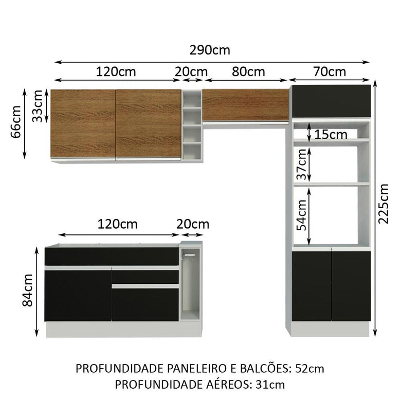 Armário de Cozinha Completa 290cm Branco/Preto/Rustic Cristal Madesa 09