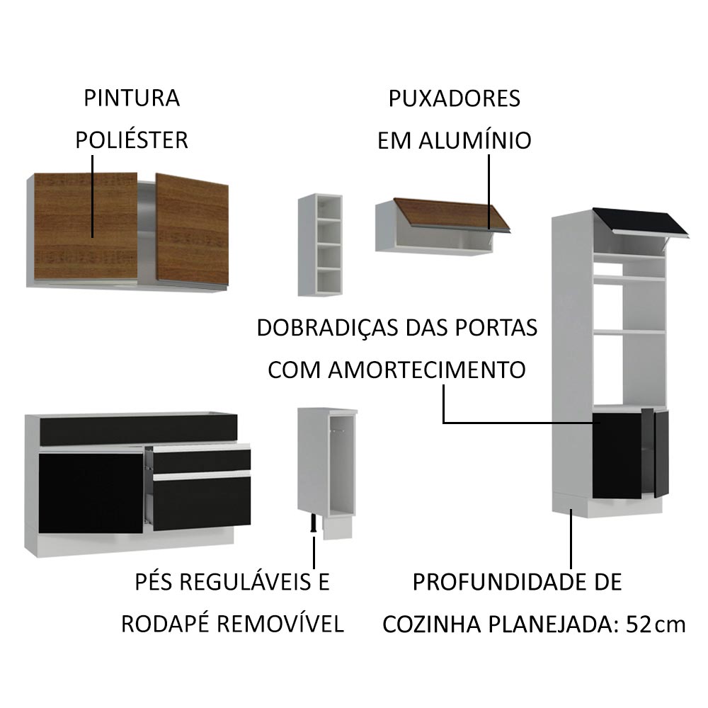 Armário de Cozinha Completa 290cm Branco/Preto/Rustic Cristal Madesa 09
