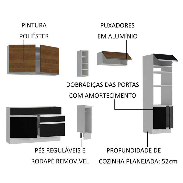 Armário de Cozinha Completa 290cm Branco/Preto/Rustic Cristal Madesa 09