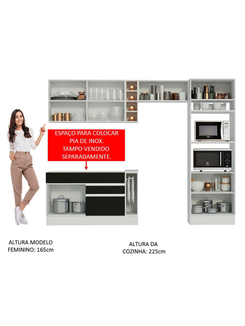 Armário de Cozinha Completa 290cm Branco/Preto/Rustic Cristal Madesa 09