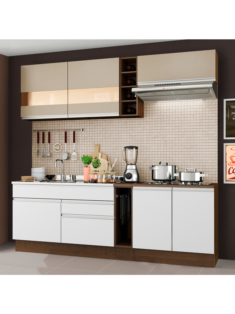 Armário de Cozinha Completa 220cm Branco/Rustic/Crema Parma Madesa 02 - Branco/Rustic/Crema