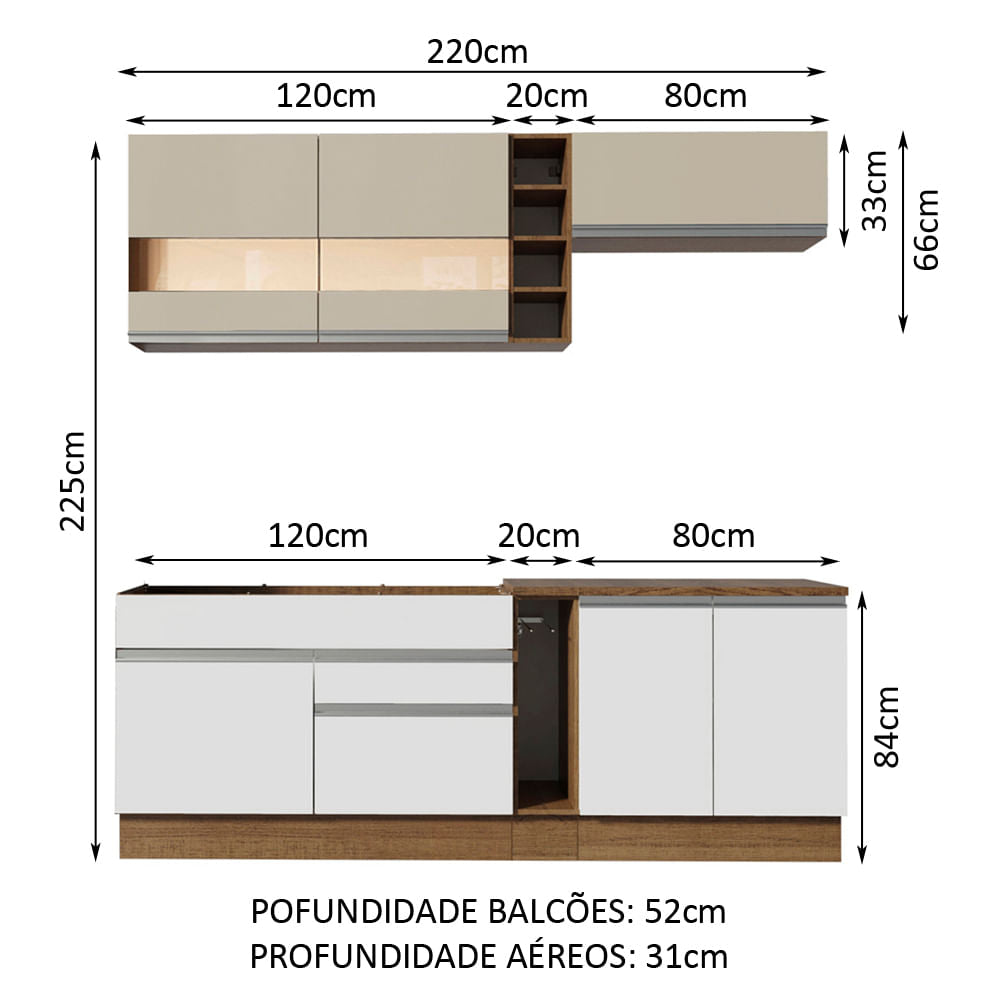 Armário de Cozinha Completa 220cm Branco/Rustic/Crema Parma Madesa 02