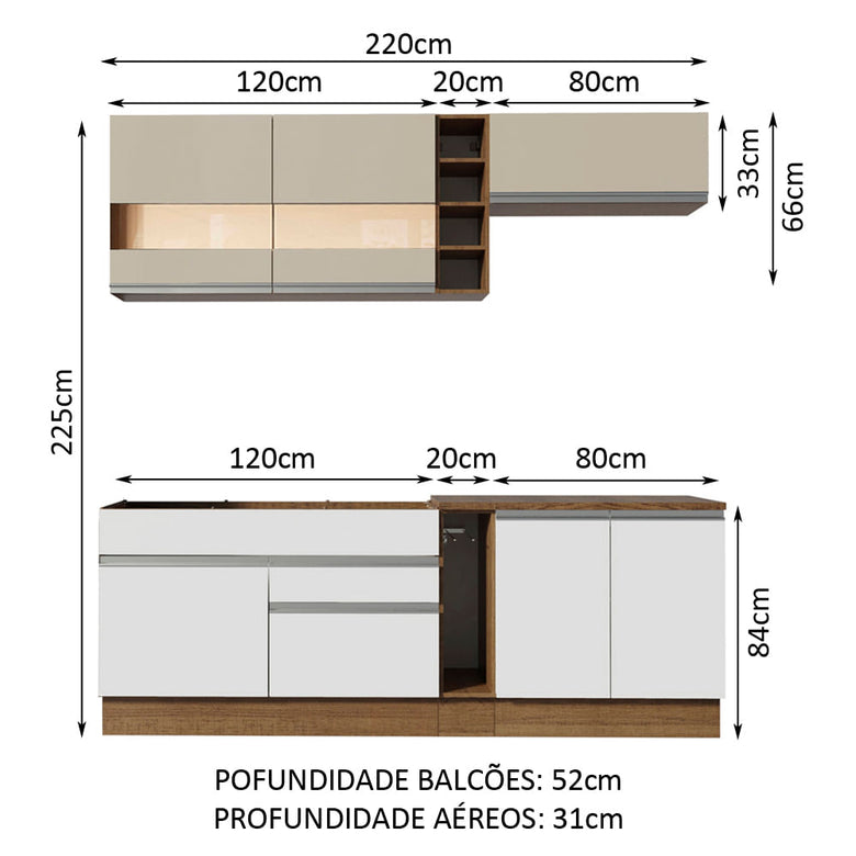 Armário de Cozinha Completa 220cm Branco/Rustic/Crema Parma Madesa 02