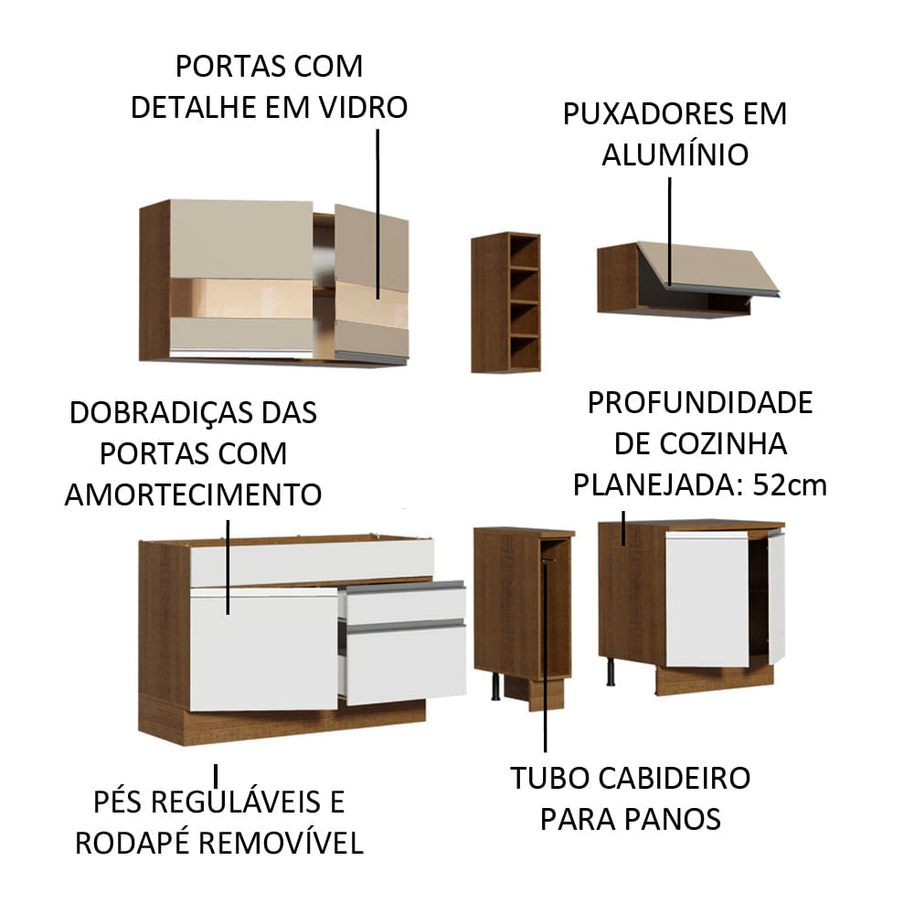 Armário de Cozinha Completa 220cm Branco/Rustic/Crema Parma Madesa 02