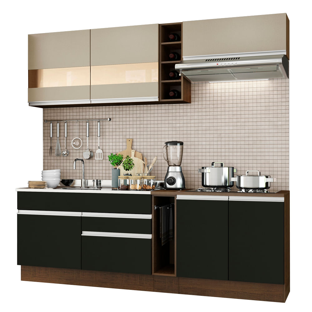 Armário de Cozinha Completa 220cm Rustic/Preto/Crema Parma Madesa 02 - Rustic/Preto/Crema