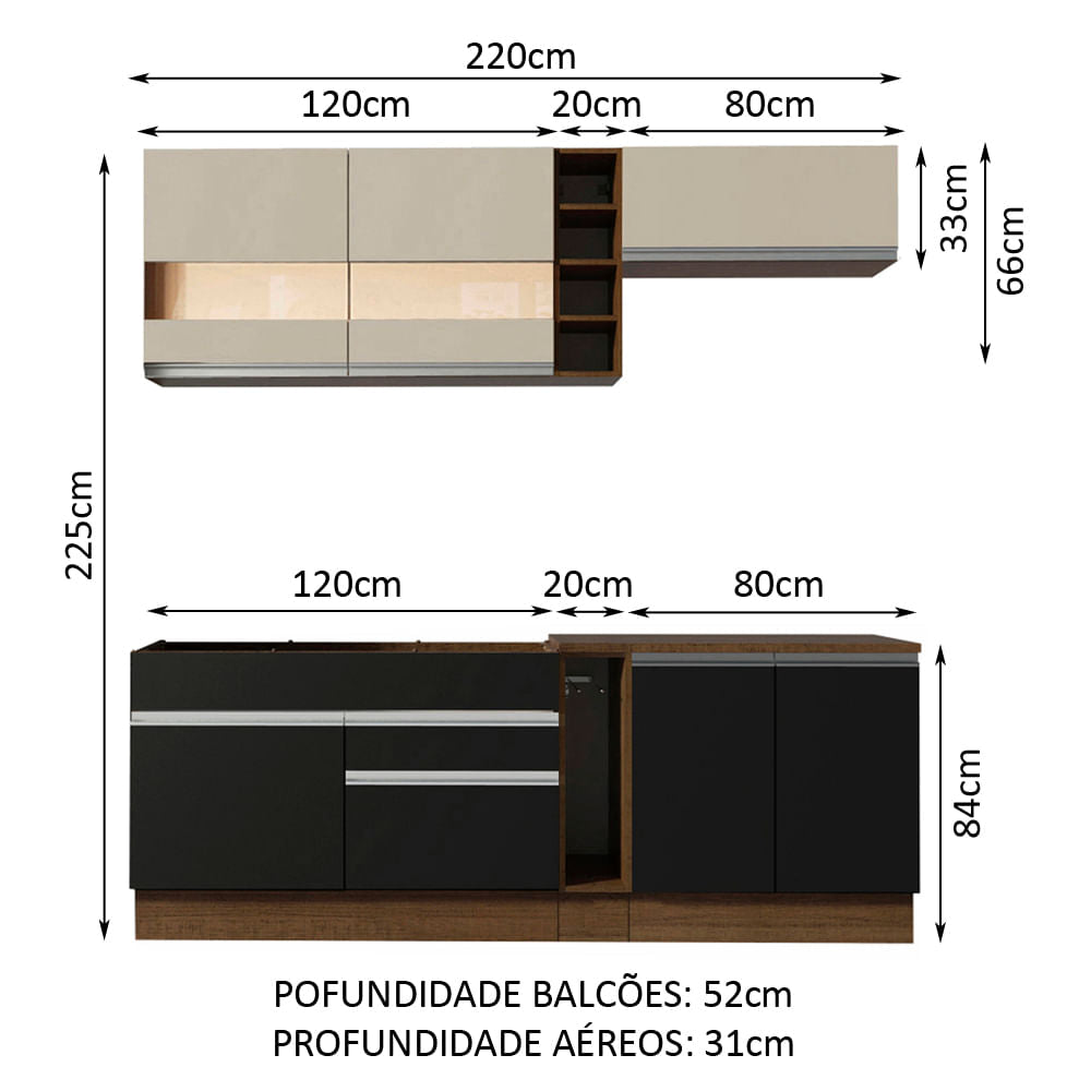 Armário de Cozinha Completa 220cm Rustic/Preto/Crema Parma Madesa 02