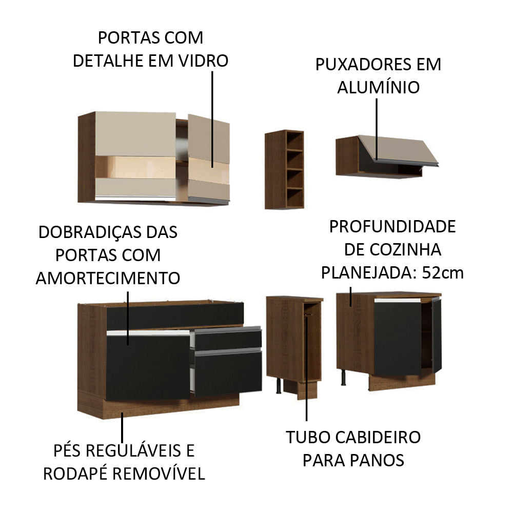 Armário de Cozinha Completa 220cm Rustic/Preto/Crema Parma Madesa 02