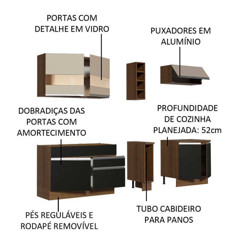 Armário de Cozinha Completa 220cm Rustic/Preto/Crema Parma Madesa 02