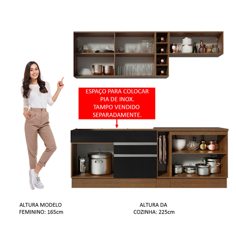 Armário de Cozinha Completa 220cm Rustic/Preto/Crema Parma Madesa 02