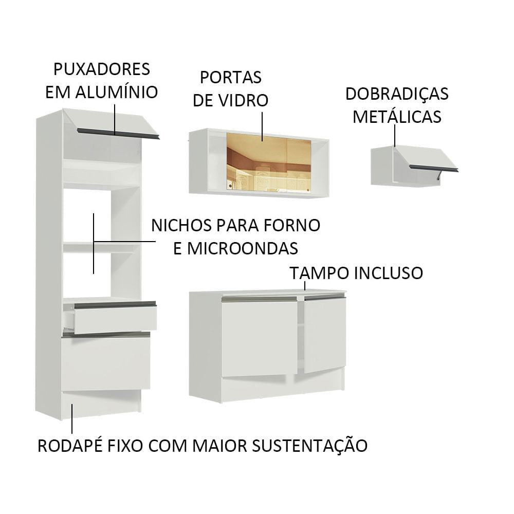 Armário de Cozinha Completa 240cm Branco Diamante Madesa 02
