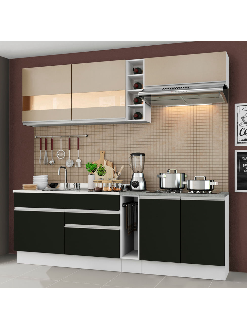 Armário de Cozinha Completa 220cm Branco/Preto/Crema Parma Madesa 02 - Branco/Preto/Crema