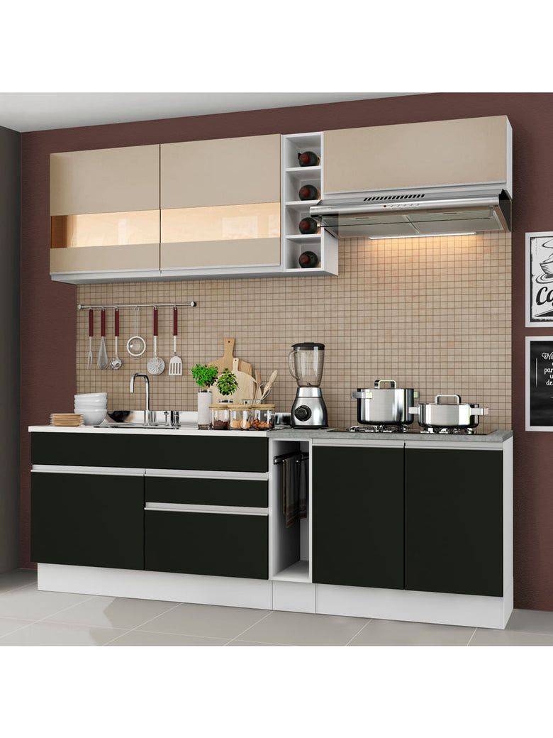 Armário de Cozinha Completa 220cm Branco/Preto/Crema Parma Madesa 02