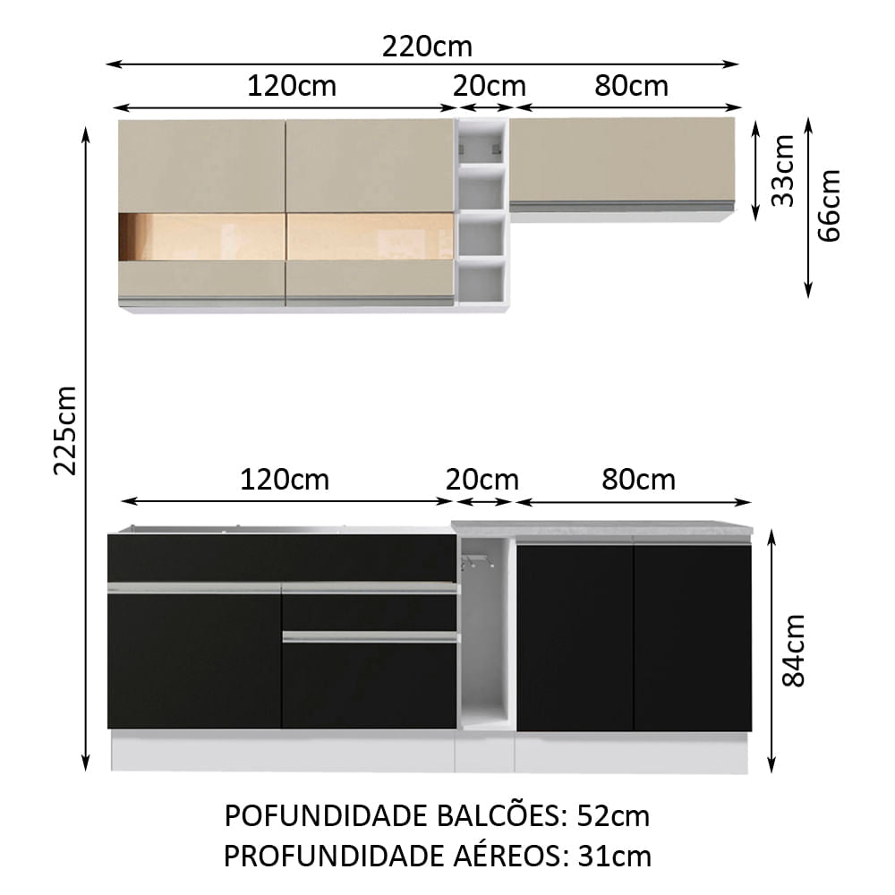 Armário de Cozinha Completa 220cm Branco/Preto/Crema Parma Madesa 02
