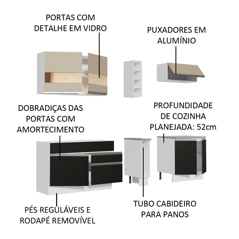 Armário de Cozinha Completa 220cm Branco/Preto/Crema Parma Madesa 02