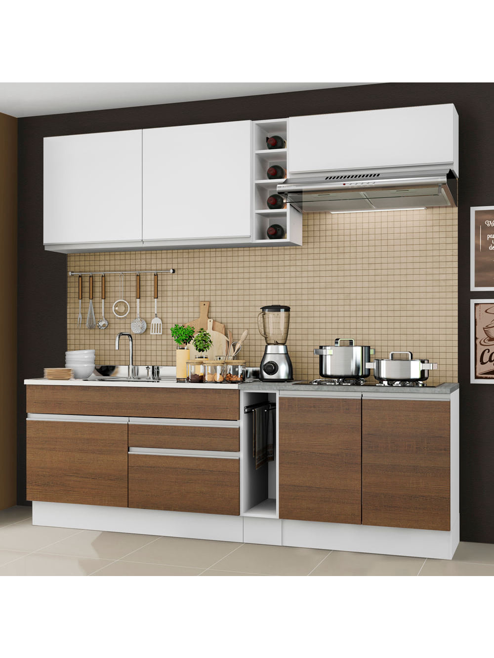 Armário de Cozinha Completa 220cm Branco/Rustic/Branco Parma Madesa 03 - Branco/Rustic/Branco