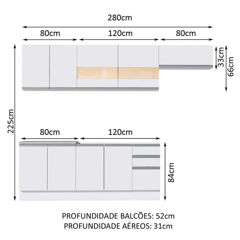 Armário de Cozinha Completa 280cm Branco Marcela Madesa 03