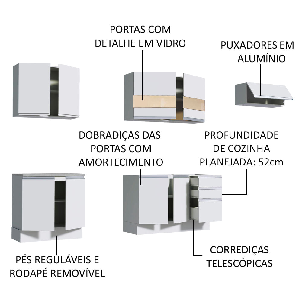 Armário de Cozinha Completa 280cm Branco Marcela Madesa 03