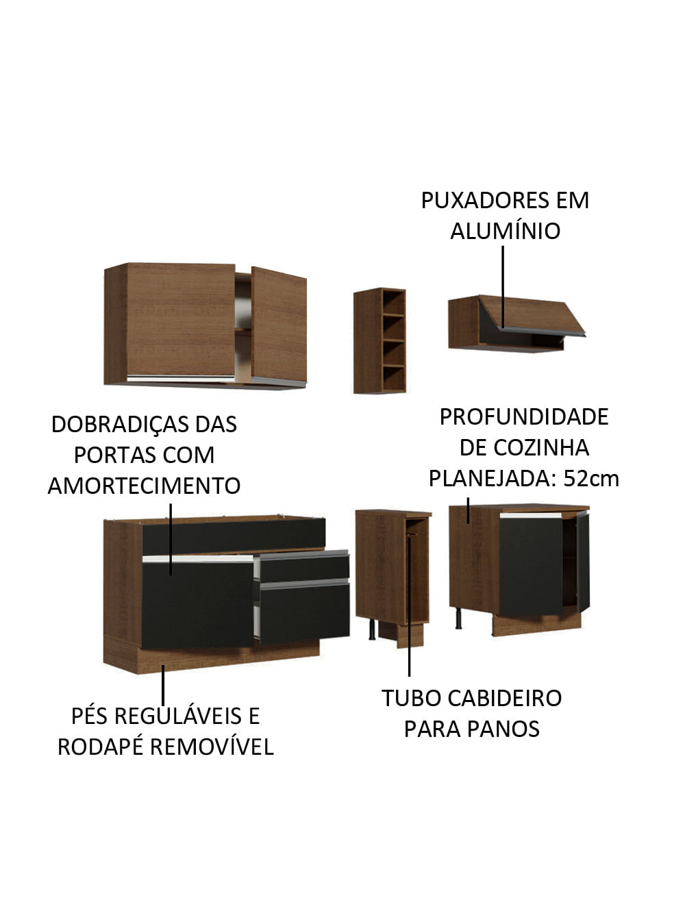 Armário de Cozinha Completa 220cm Rustic/Preto/Rustic Parma Madesa 03